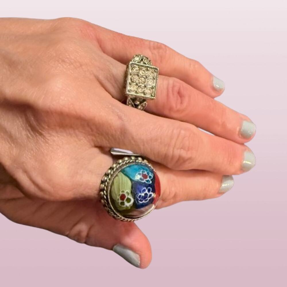 2x Vintage Silver Tone Rings Millefiori Glass & Rhinestones